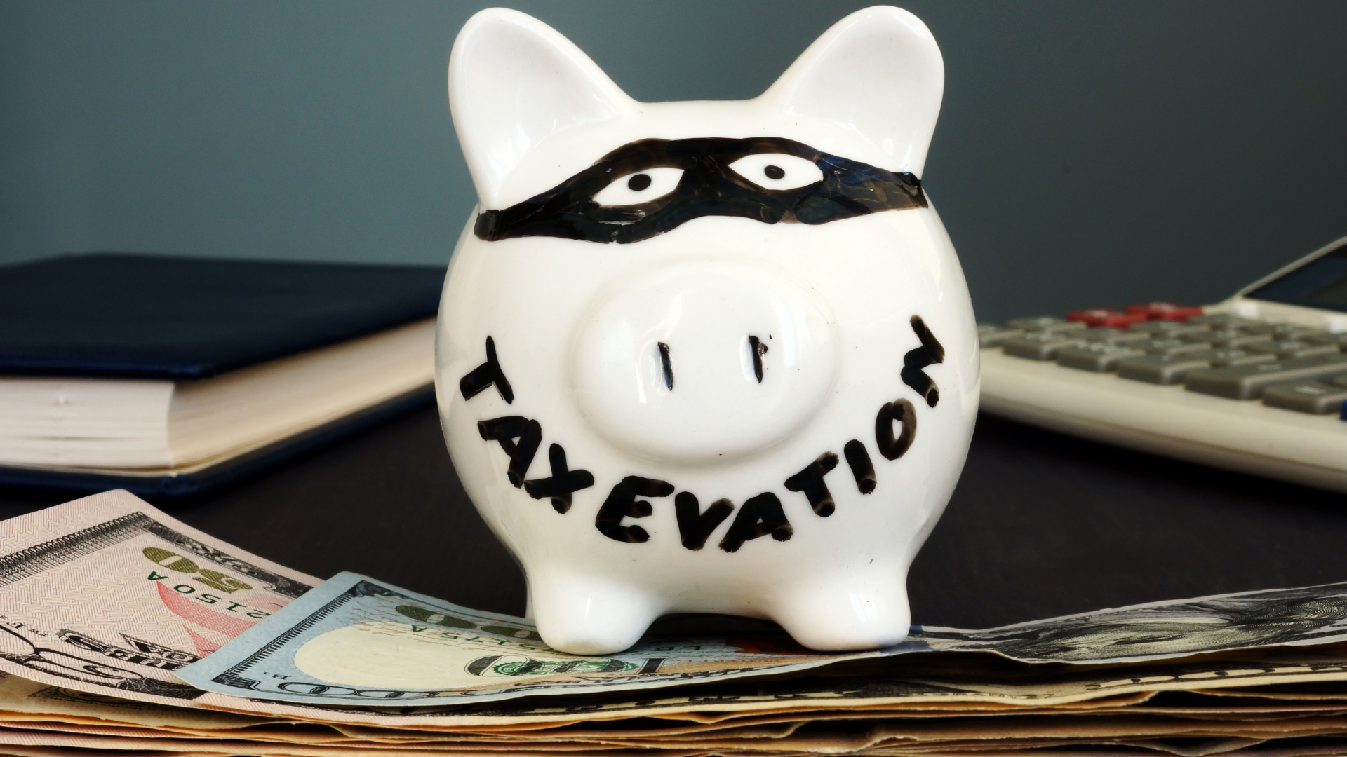 Piggy bank with "Tax Evasion" word written on it
